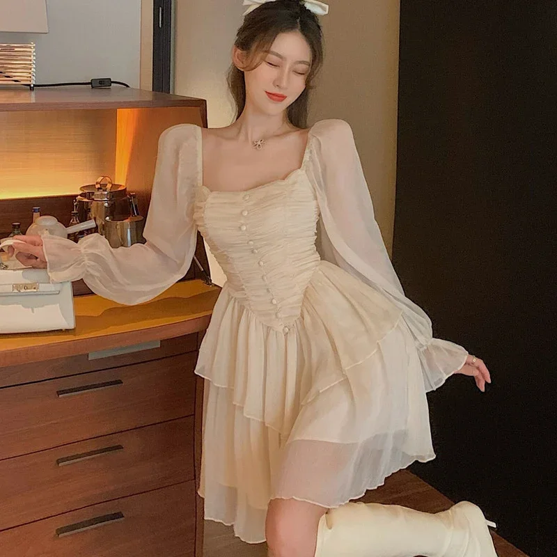 Sweet Women Dress A-line Princess Sleeves Korean Empire Square Collar Chiffon Solid Pullover Dress Woman
Sweet Women Dress A-line Princess Sleeves Korean Empire Square Collar Chiffon Solid Pullover Dress Woman