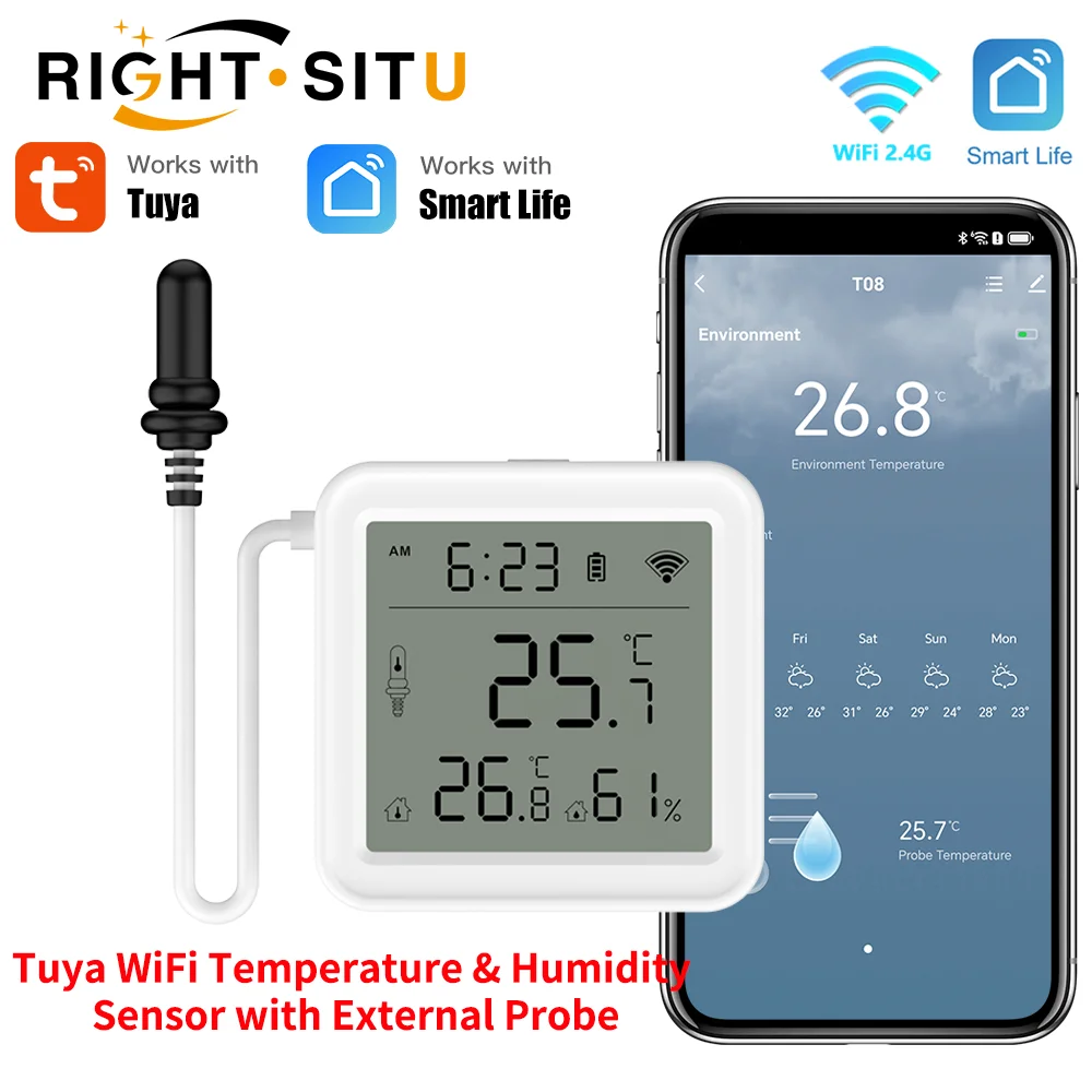 Датчик влажности и температуры Tuya с Wi-Fi и внешним щупом, гигрометр для умного дома, управление через приложение, для растений, аквариумов, винных заводов
Датчик влажности и температуры Tuya с Wi-Fi и внешним щупом, гигрометр для умного дома, управление через приложение, для растений, аквариумов, винных заводов