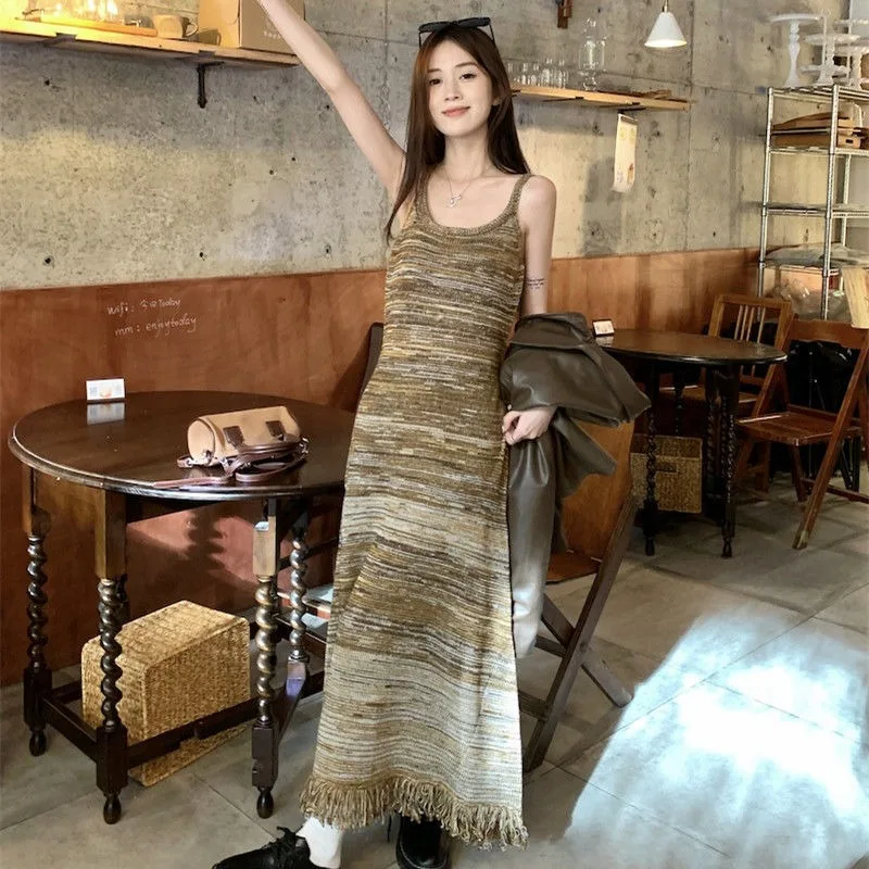Hikigawa Tassel Patchwork Women Vinatge Striped Knitted Camisole Dress All Match Off Shoulder Sexy Chic Fashion Vestidos Mujer
Hikigawa Tassel Patchwork Women Vinatge Striped Knitted Camisole Dress All Match Off Shoulder Sexy Chic Fashion Vestidos Mujer
