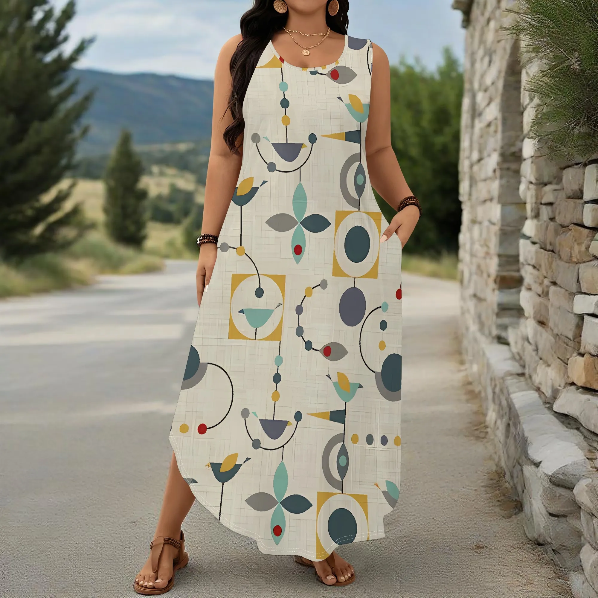 EQQZD Plus Size Sleeveless Crew Neck Dress, Bohemian Style Pattern Print Maxi Dress, Casual Loose Dress for Women
EQQZD Plus Size Sleeveless Crew Neck Dress, Bohemian Style Pattern Print Maxi Dress, Casual Loose Dress for Women