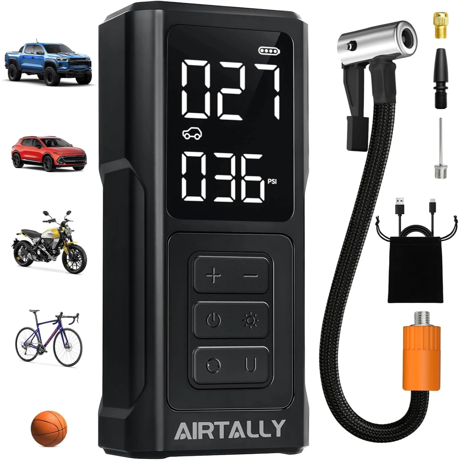 Portable Air Compressor Tire Inflator - 5200mAh 150PSI Cordless Pump for Car Bike Basketball with LED Screen Auto Shut-Off
Portable Air Compressor Tire Inflator - 5200mAh 150PSI Cordless Pump for Car Bike Basketball with LED Screen Auto Shut-Off