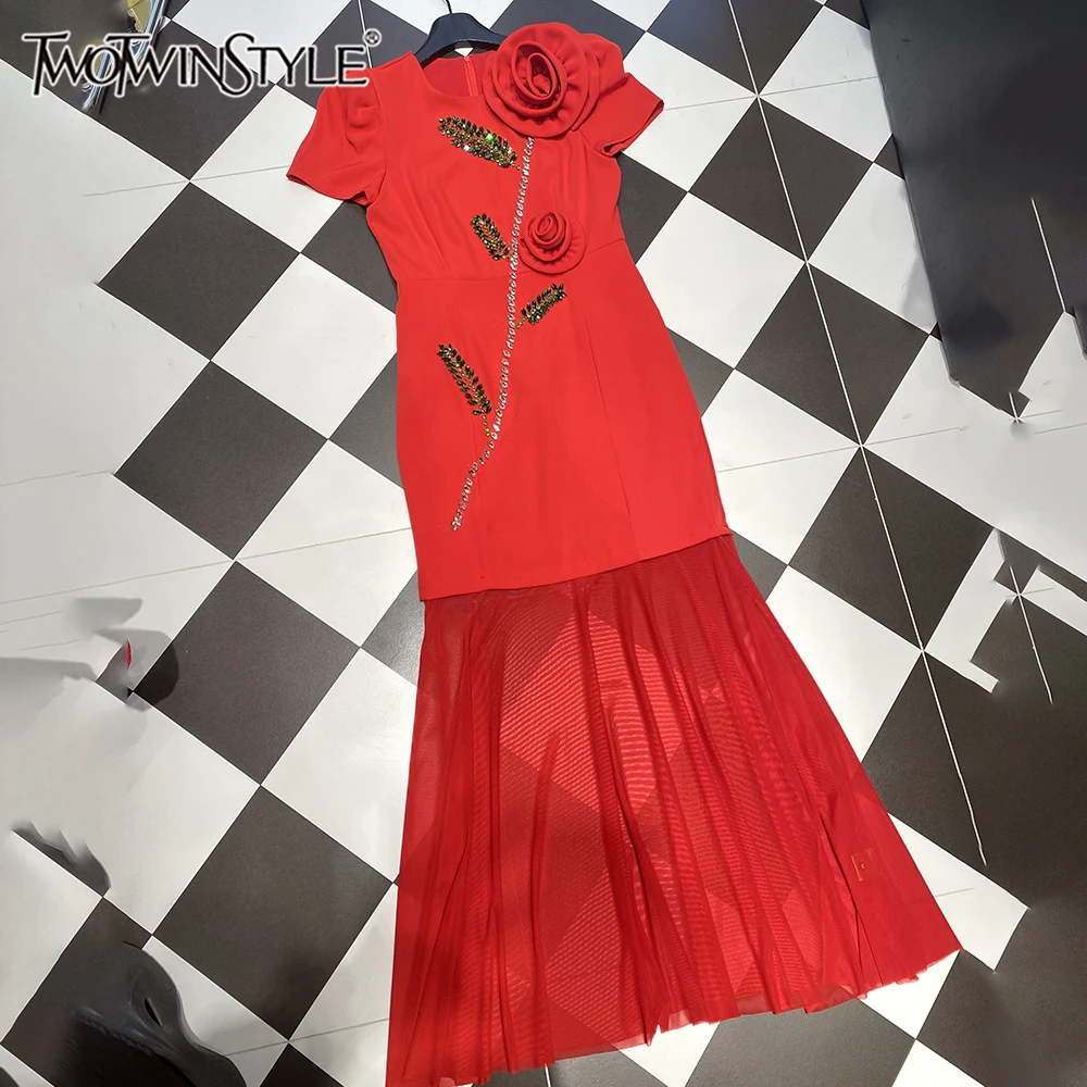 TWOTWINSTYLE Red Spliced 3D Floral Midi Dress for Women O Neck Puff Sleeve Bodycon Mesh Hem Accent Skirt for Eveing KDR563541
TWOTWINSTYLE Red Spliced 3D Floral Midi Dress for Women O Neck Puff Sleeve Bodycon Mesh Hem Accent Skirt for Eveing KDR563541