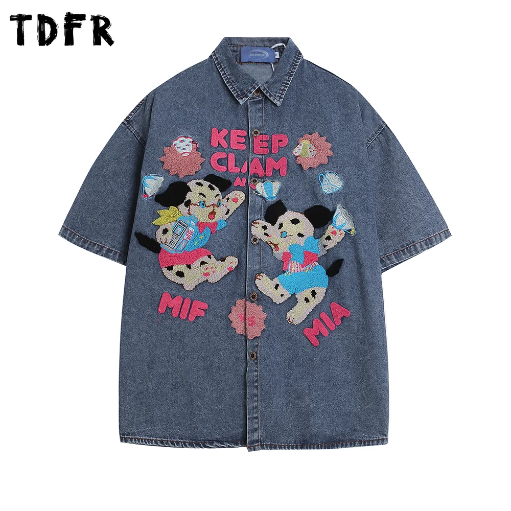 Puppy Embroidery Denim Short Sleeve Shirts Mens Cartoon Retro Summer Streetwear Lapel Single Breasted Half-Sleeve Shirts Men
Puppy Embroidery Denim Short Sleeve Shirts Mens Cartoon Retro Summer Streetwear Lapel Single Breasted Half-Sleeve Shirts Men
