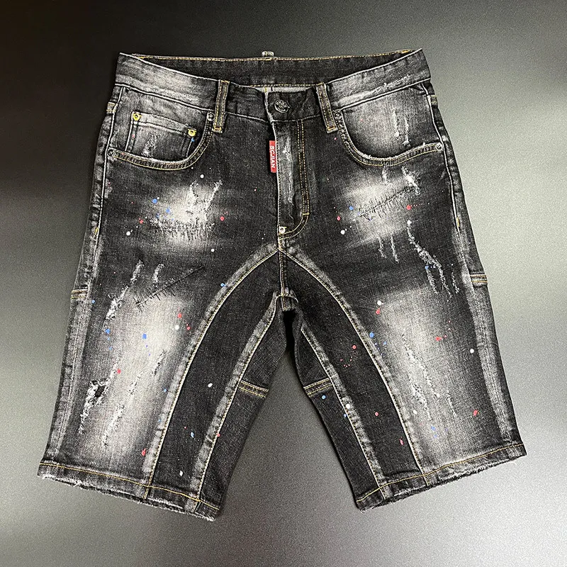 European High-end Trendy Distressed Torn Splash-ink Denim Shorts for Men Summer Black Slim-fit Straight-leg Knee Length Jeans
European High-end Trendy Distressed Torn Splash-ink Denim Shorts for Men Summer Black Slim-fit Straight-leg Knee Length Jeans