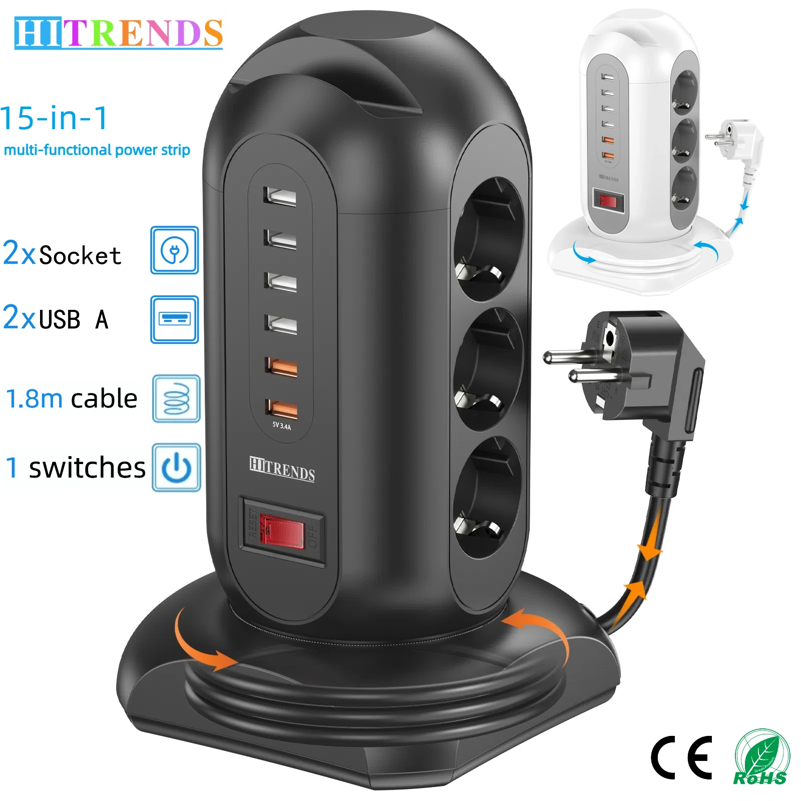 Вертикальная плата питания с европейской вилкой, розетка 2500 Вт, 9 переменного тока, 6 USB-интерфейсов, главный переключатель управления, телескопический удлинительный кабель длиной 1,8 метра
Вертикальная плата питания с европейской вилкой, розетка 2500 Вт, 9 переменного тока, 6 USB-интерфейсов, главный переключатель управления, телескопический удлинительный кабель длиной 1,8 метра