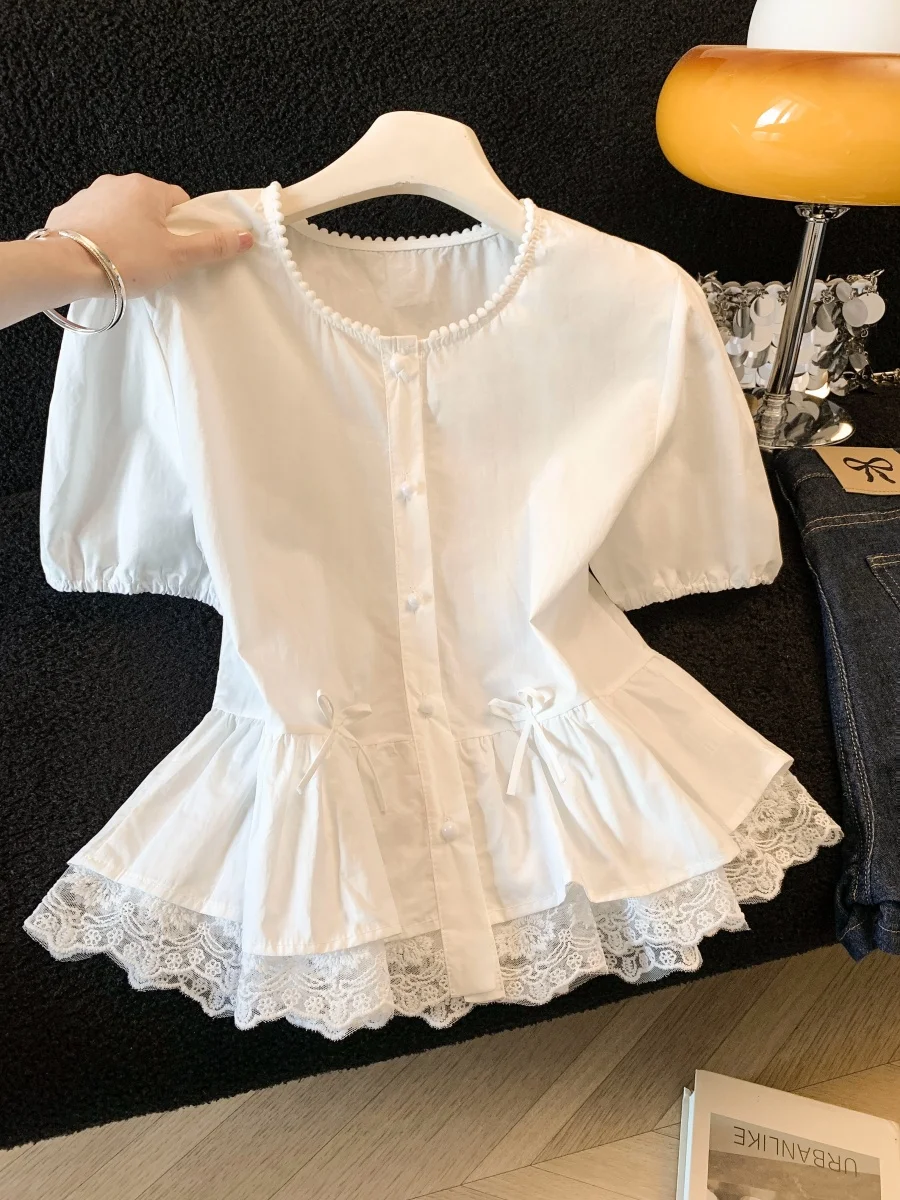 Sweet round Neck Lace Trim Bubble Short Sleeve Shirt Women Summer Anti Aging Loose Meat Covering Top Cotton Polyester Blend
Sweet round Neck Lace Trim Bubble Short Sleeve Shirt Women Summer Anti Aging Loose Meat Covering Top Cotton Polyester Blend