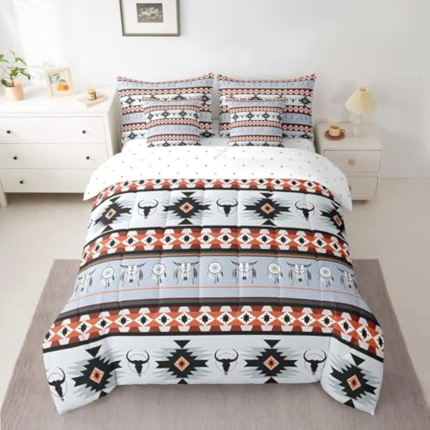Western Boho Bed in a Bag Queen Comforter Set 7 Piece,Bull Skull Dream Catchers Bedding Sets Ethnic Tribal Arrow Aztec Bohemian
Western Boho Bed in a Bag Queen Comforter Set 7 Piece,Bull Skull Dream Catchers Bedding Sets Ethnic Tribal Arrow Aztec Bohemian