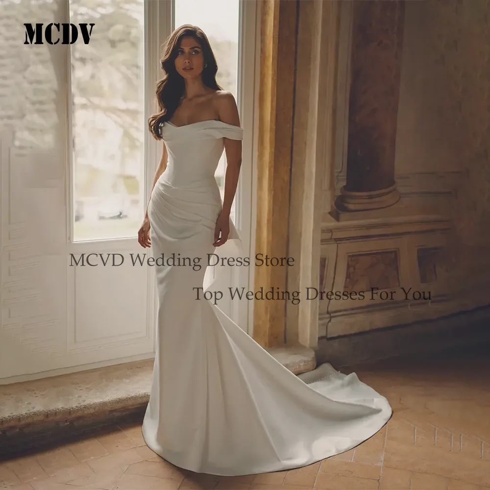 MCDV Simple Wedding Dresses for Women Off the Shoulder Button Bowknot Satin Sweep Train Ivory Vestidos De Novia Customized
MCDV Simple Wedding Dresses for Women Off the Shoulder Button Bowknot Satin Sweep Train Ivory Vestidos De Novia Customized