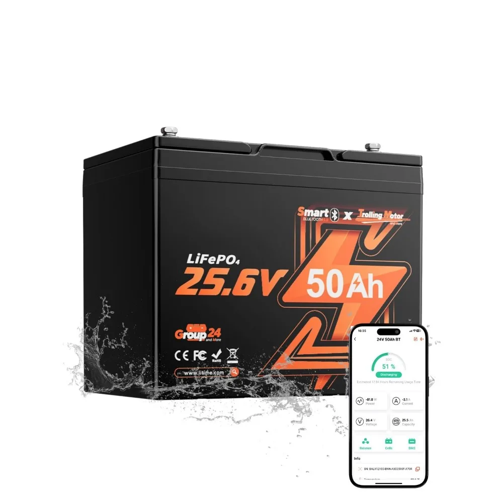 24V 50Ah Bluetooth LiFePO4 Lithium Battery, Low-Temp Cutoff Protection, 4000+ Deep Cycle, Built-in 50A BMS, Group, Customized
24V 50Ah Bluetooth LiFePO4 Lithium Battery, Low-Temp Cutoff Protection, 4000+ Deep Cycle, Built-in 50A BMS, Group, Customized