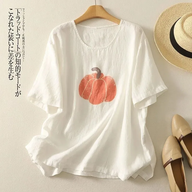 Women Linen Cotton Blend T-shirt with Pumpkin Print Casual Loose Summer Tee
Women Linen Cotton Blend T-shirt with Pumpkin Print Casual Loose Summer Tee