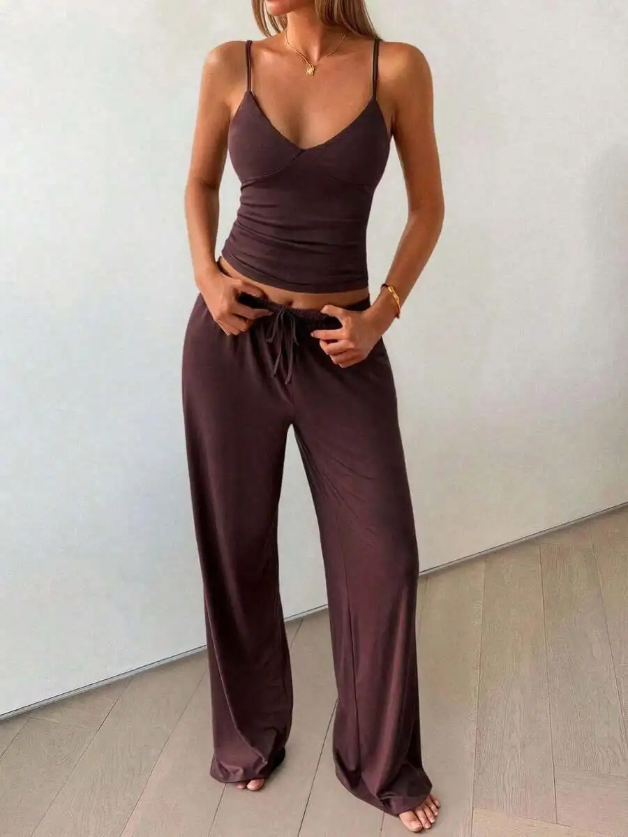 Womens Deep V Camisole And Loose Straight Leg Pants 2 Piece Set Casual Summer Autumn
Womens Deep V Camisole And Loose Straight Leg Pants 2 Piece Set Casual Summer Autumn