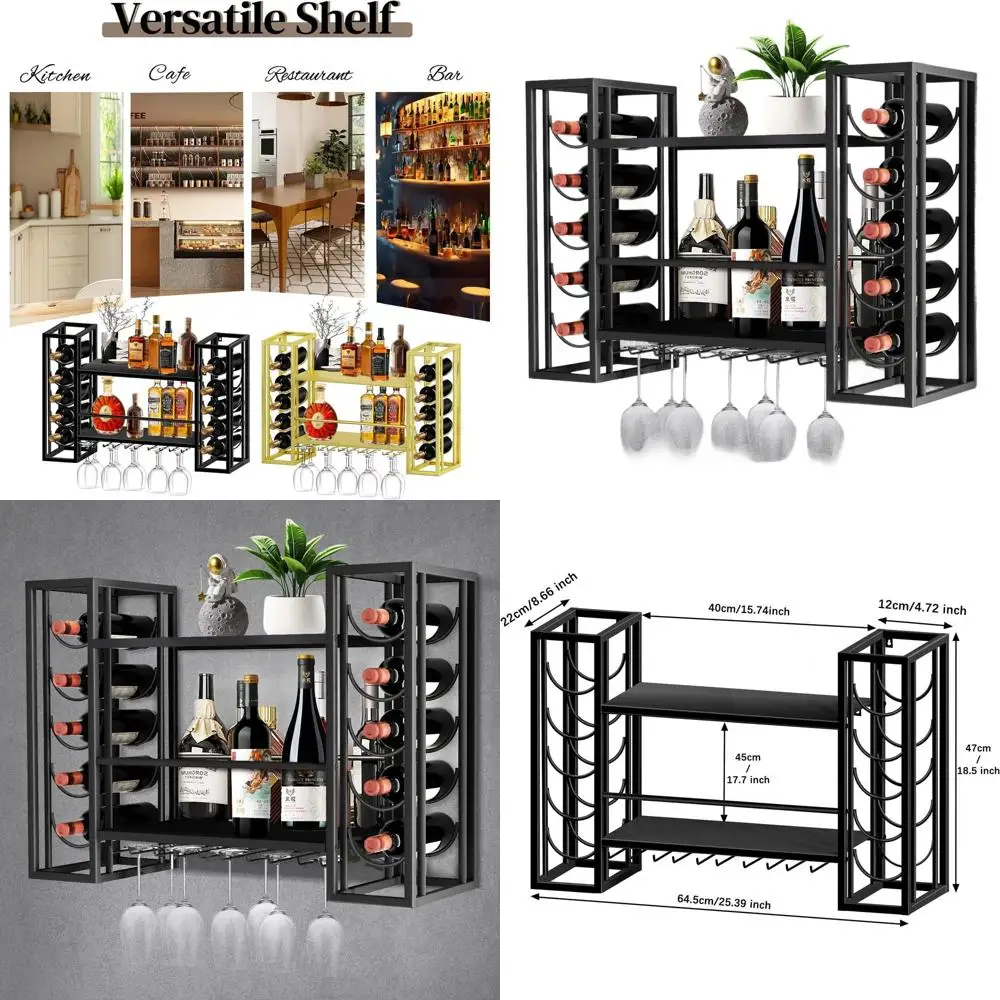 Black 2-Tier Metal Wine Rack with Glass Holder, Wall-Mounted Multipurpose Shelf for Home Bar, Kitchen, Dining Area
Black 2-Tier Metal Wine Rack with Glass Holder, Wall-Mounted Multipurpose Shelf for Home Bar, Kitchen, Dining Area