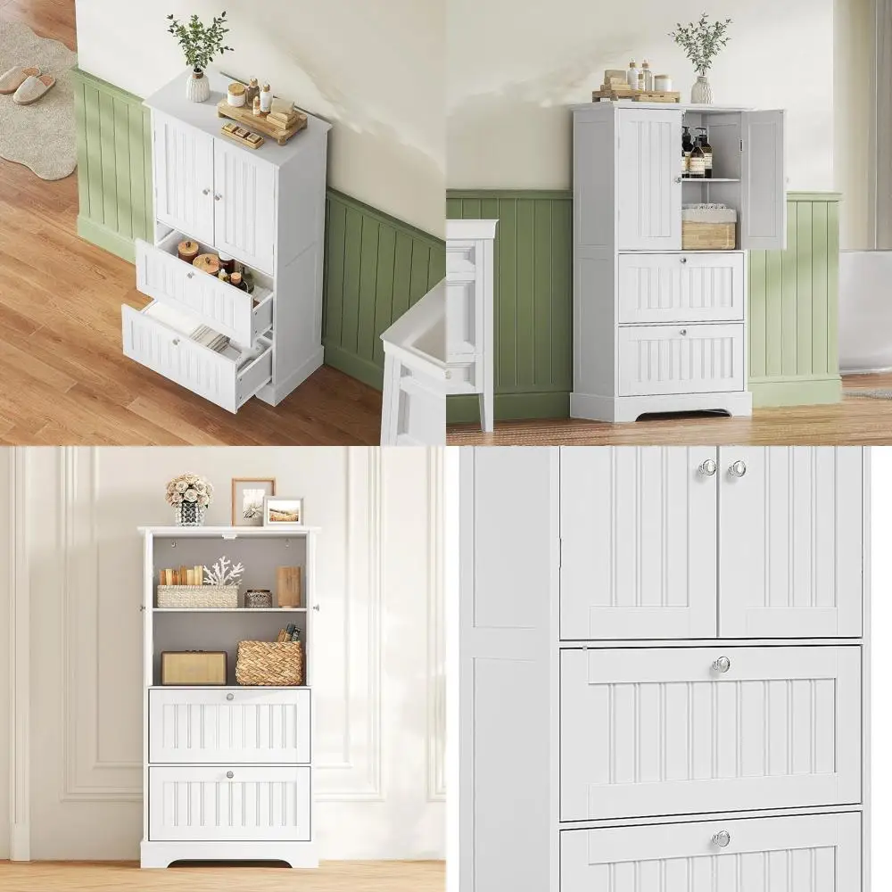 Белый отдельно стоящий шкаф для хранения в ванной комнате с выдвижными ящиками и регулируемой полкой для гостиной и кухонной кладовой
Белый отдельно стоящий шкаф для хранения в ванной комнате с выдвижными ящиками и регулируемой полкой для гостиной и кухонной кладовой