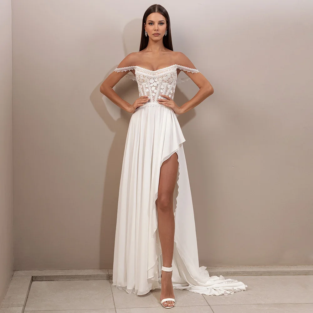 Bohemian Lace Off the Shoulder Chiffon Wedding Dress Customized Square Collar Side Slit Bridal Dress Sweep Train Zipper Back
Bohemian Lace Off the Shoulder Chiffon Wedding Dress Customized Square Collar Side Slit Bridal Dress Sweep Train Zipper Back
