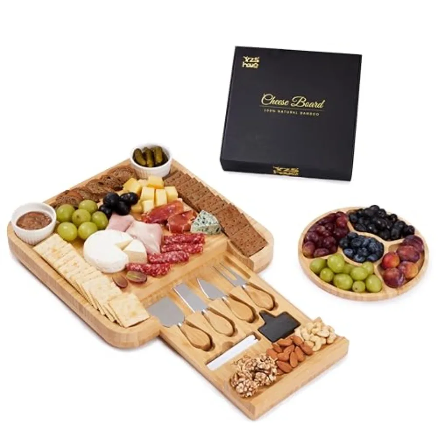 Premium Bamboo Charcuterie Board Set with Hidden Drawer and 4 Cheese Knives - 13x13 Large Cheese Board Serving Tray - Unique Ho
Premium Bamboo Charcuterie Board Set with Hidden Drawer and 4 Cheese Knives - 13x13 Large Cheese Board Serving Tray - Unique Ho
