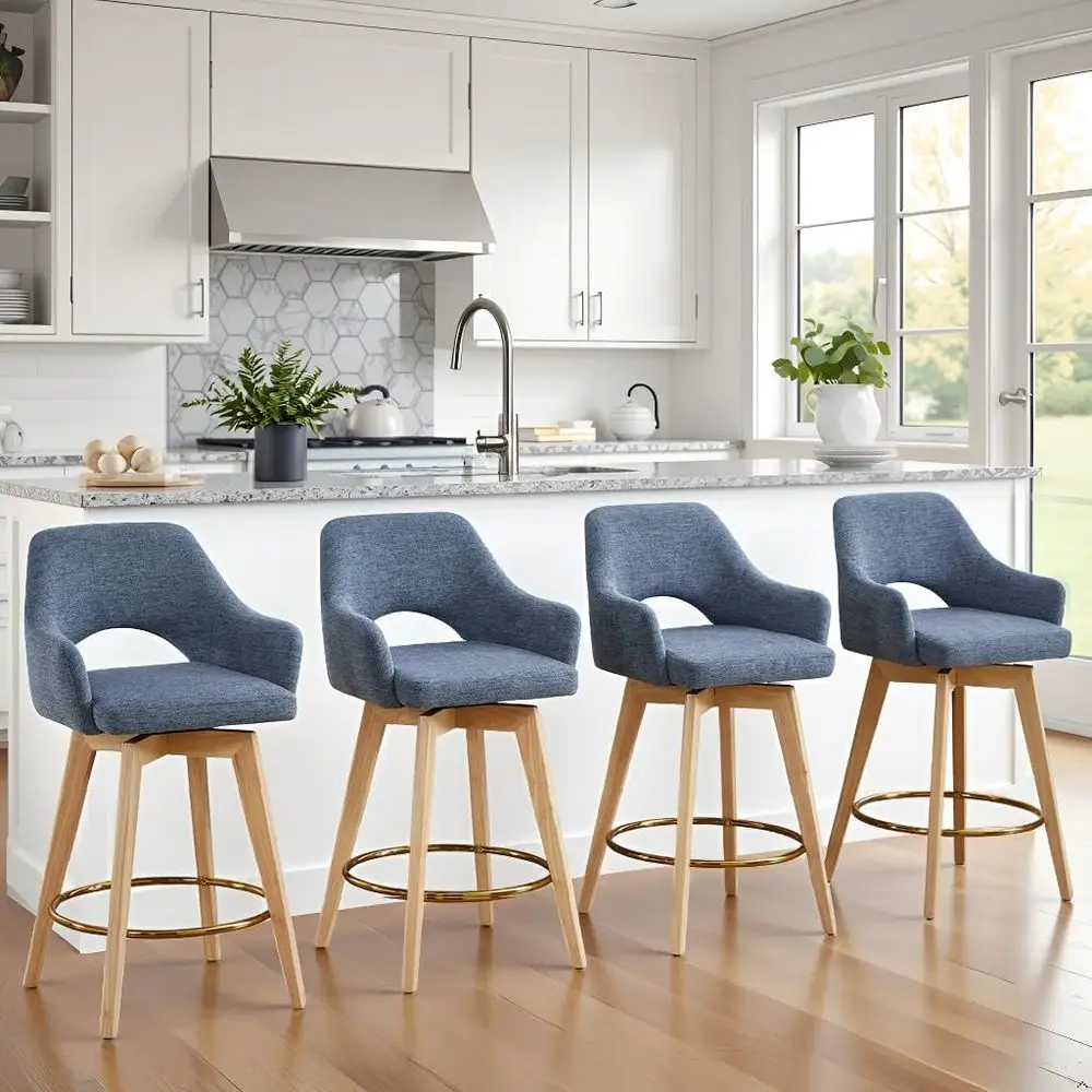 Set of 4 Blue Upholstered Linen Bar Stools with Armrests and Backrests, Gold Metal Ring Accents, Suitable for Counter Height
Set of 4 Blue Upholstered Linen Bar Stools with Armrests and Backrests, Gold Metal Ring Accents, Suitable for Counter Height