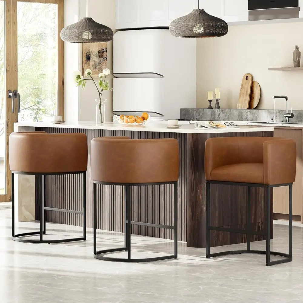 Set of 3 Counter Height Bar Stools with Backrest and Arms, Faux Leather Upholstered, Walnut Brown
Set of 3 Counter Height Bar Stools with Backrest and Arms, Faux Leather Upholstered, Walnut Brown