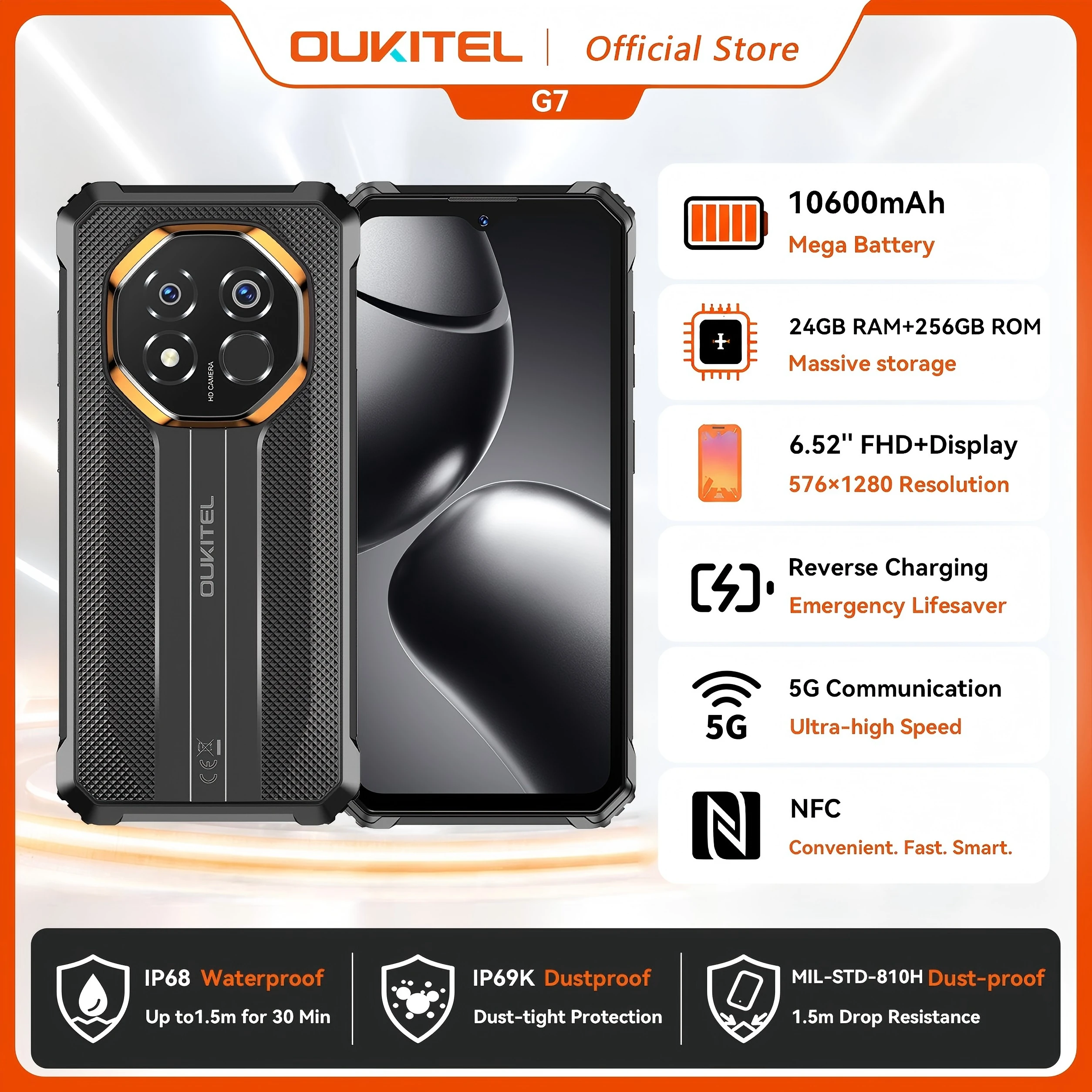 OUKITEL G7 10600mAh Rugged Smartphone 24GB (8+16)+256GB, 6.52" Display 64MP Camera, IP68 Waterproof, NFC Android 16 Smartphone
OUKITEL G7 10600mAh Rugged Smartphone 24GB (8+16)+256GB, 6.52" Display 64MP Camera, IP68 Waterproof, NFC Android 16 Smartphone
