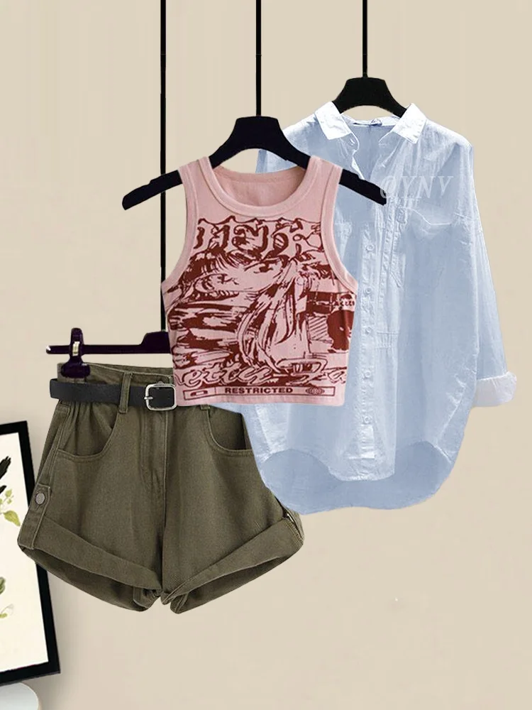 American Hot Girl Style Three-Piece Set Women's Summer Fashion Collar Shirt Print Vest Denim Shorts High-End Feeling Ensemble
American Hot Girl Style Three-Piece Set Women's Summer Fashion Collar Shirt Print Vest Denim Shorts High-End Feeling Ensemble
