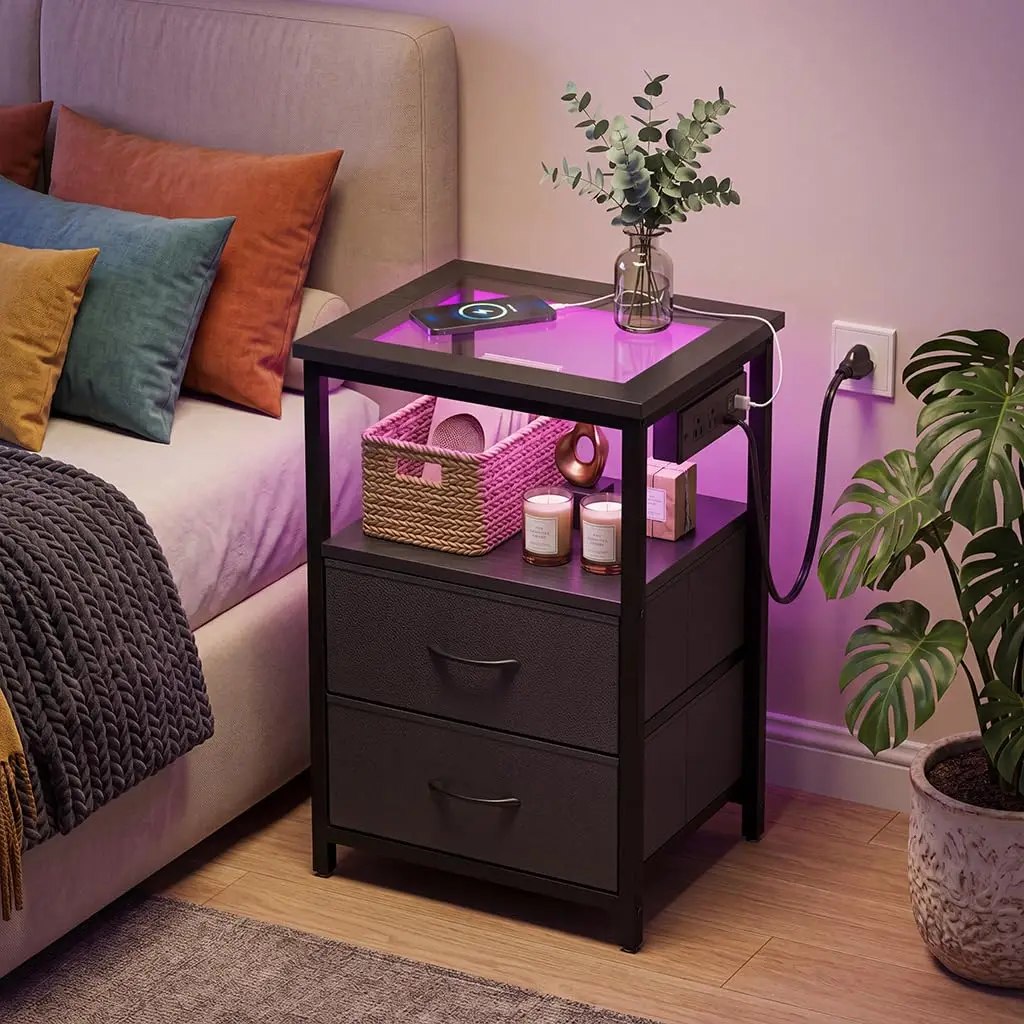 2 Drawer Glass Top Nightstand Charging Station LED Light Bedroom Side End Table Black, Customized
2 Drawer Glass Top Nightstand Charging Station LED Light Bedroom Side End Table Black, Customized