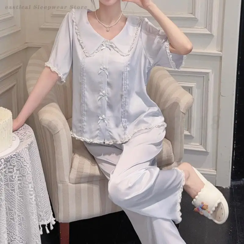 Women Pajamas Two-Piece Set Loose Casual Silk Satin Sleepwear Lounge Wear Short Sleeve Trouser Suits Pyjama Pour Femme Homewear
Women Pajamas Two-Piece Set Loose Casual Silk Satin Sleepwear Lounge Wear Short Sleeve Trouser Suits Pyjama Pour Femme Homewear