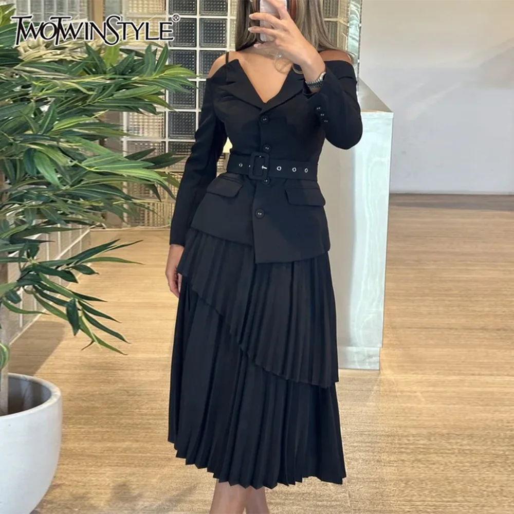 TWOTWINSTYLE однотонный комплект из двух предметов для женщин, пиджак с длинными рукавами и лацканами, юбка с высокой талией, женская мода
TWOTWINSTYLE однотонный комплект из двух предметов для женщин, пиджак с длинными рукавами и лацканами, юбка с высокой талией, женская мода
