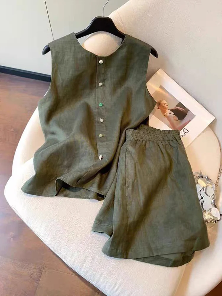 Brand Outlet Green Cotton Linen Sleeveless Women's Set Summer Shorts Two-Piece Suit Classic Preppy Style round Neck Button up
Brand Outlet Green Cotton Linen Sleeveless Women's Set Summer Shorts Two-Piece Suit Classic Preppy Style round Neck Button up