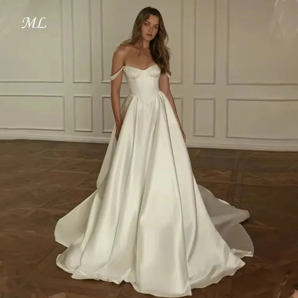 ML Luxurious Two Strapls Satin A Line Wedding Dresses Sweep Train Custom Made Vestido De Noival Customized Bridal Gown for Bride
ML Luxurious Two Strapls Satin A Line Wedding Dresses Sweep Train Custom Made Vestido De Noival Customized Bridal Gown for Bride