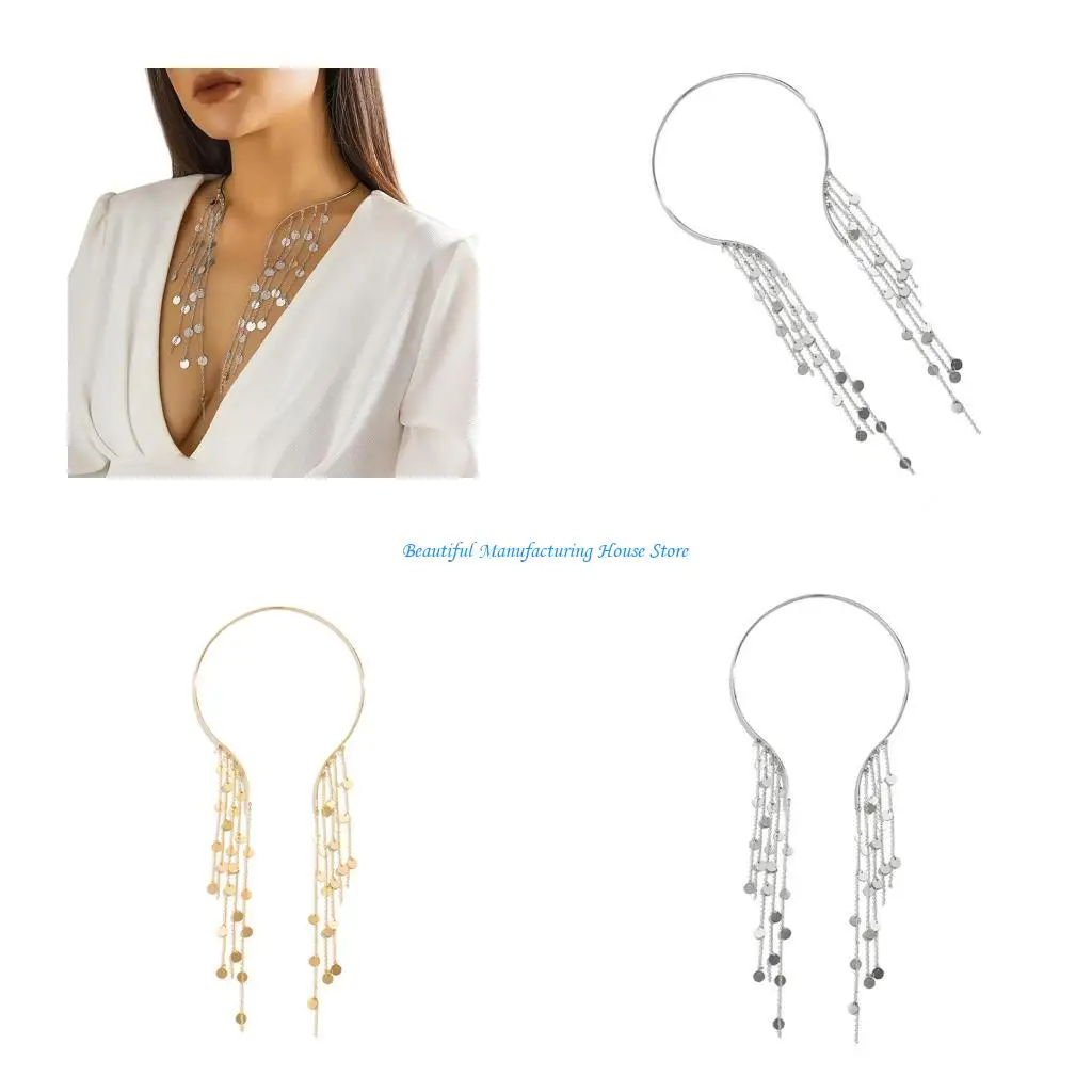 E56A Stylish Women's Necklace with Dangling Tassels and Faux Coin Handmade Chain
E56A Stylish Women's Necklace with Dangling Tassels and Faux Coin Handmade Chain
