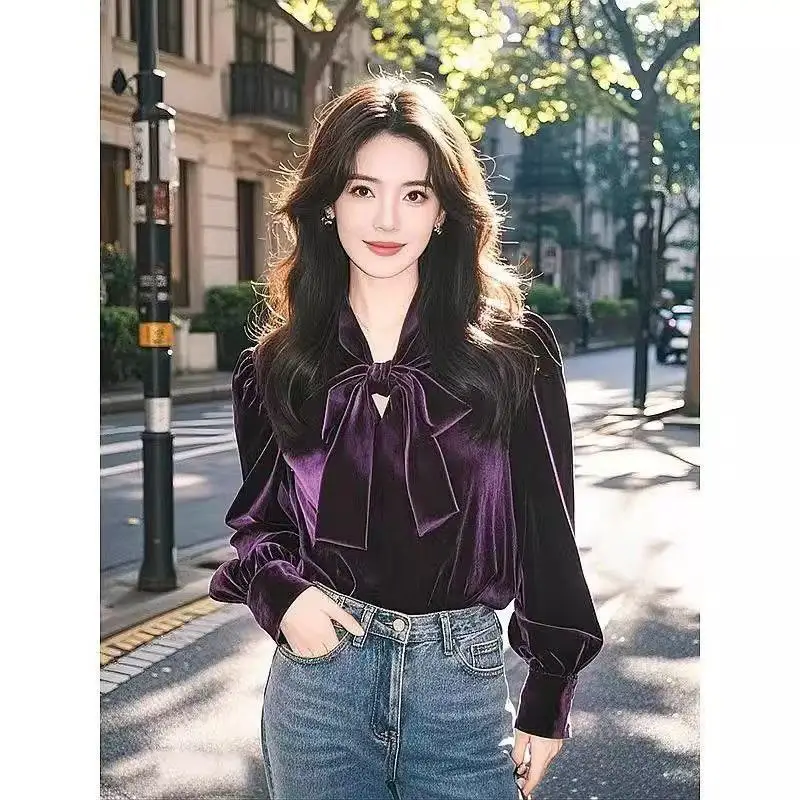 Spring Fall Women Bow Puff Sleeve Wine Red Black Purple Velvet Top Shirt , Woman Clothing Velour Tops TT403
Spring Fall Women Bow Puff Sleeve Wine Red Black Purple Velvet Top Shirt , Woman Clothing Velour Tops TT403