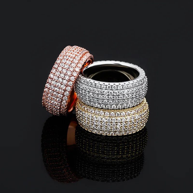 Hip Hop 5 Rows CZ Stone Paved Bling Iced Out Round Finger Rings for Men Women Rapper Jewelry Drop Shipping