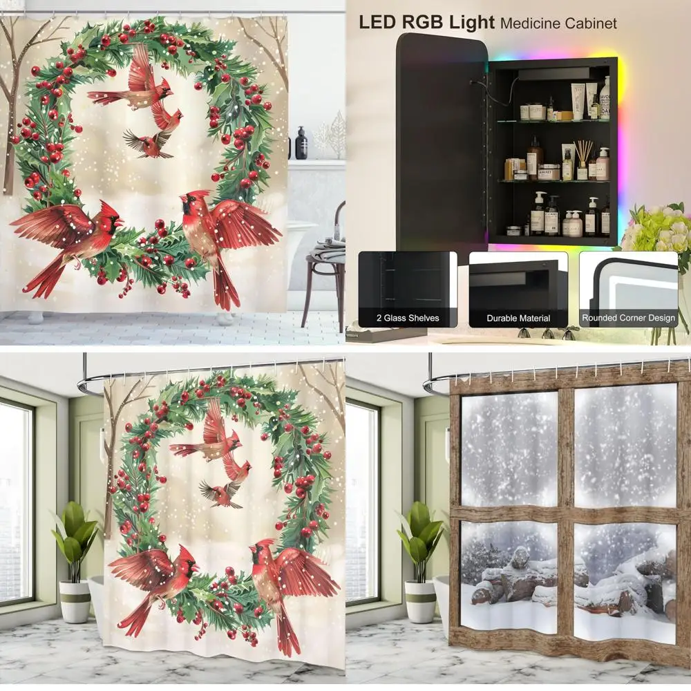 holiday shower curtain: classic red birds, wreath, snowy scenery for bathroom decor
holiday shower curtain: classic red birds, wreath, snowy scenery for bathroom decor