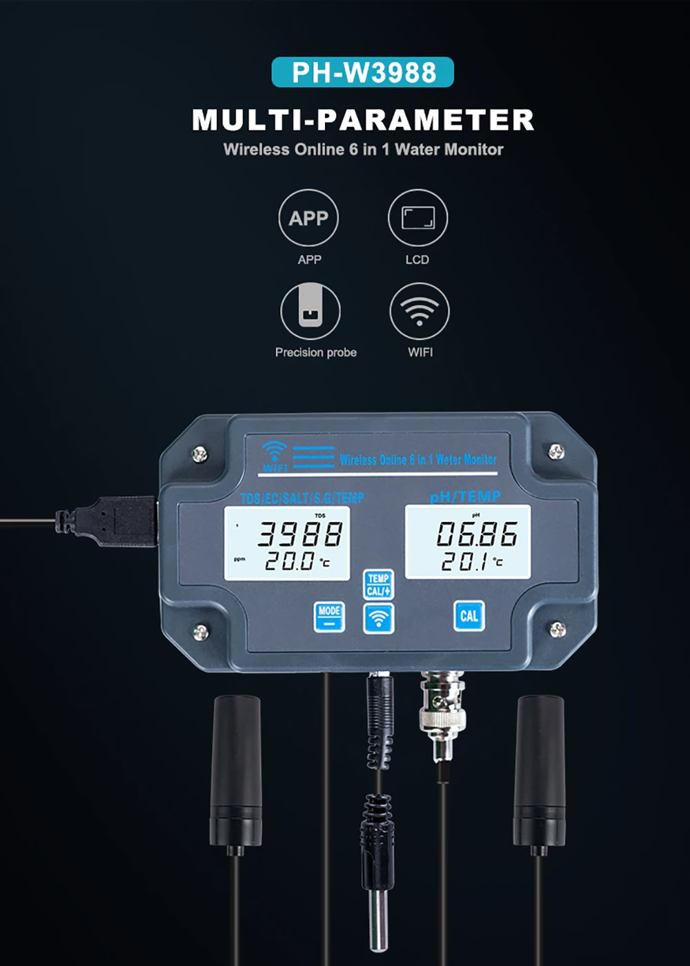 Wifi Digital Water Quality Tester Wall Mounted 6 in 1 Water Analyzer PH/ EC/ TDS/ SALT/ S.G/ Temperature APP Remote Monitoring
Wifi Digital Water Quality Tester Wall Mounted 6 in 1 Water Analyzer PH/ EC/ TDS/ SALT/ S.G/ Temperature APP Remote Monitoring