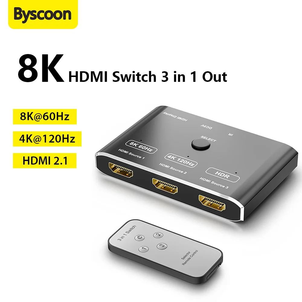 HDMI 2.1 Switch 3 in 1 Out 8K@60Hz 4K@120Hz Splitter with Remote Directional Converter For PS5/4 Xbox Laptops PC Projector
HDMI 2.1 Switch 3 in 1 Out 8K@60Hz 4K@120Hz Splitter with Remote Directional Converter For PS5/4 Xbox Laptops PC Projector