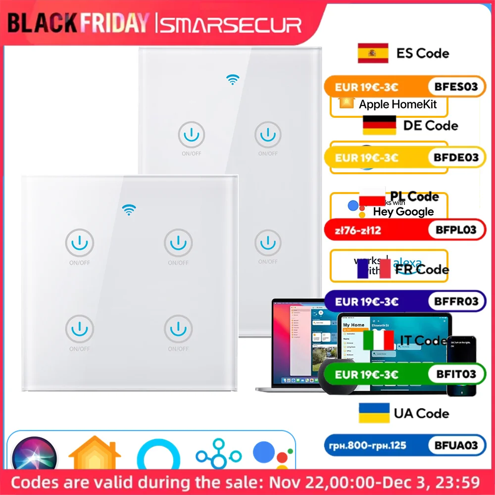 Homekit No Neutral WiFi EU US Standard Smart Home Light Touch Switches 1/2/3/4 Gang Alexa Siri Voice Control
Homekit No Neutral WiFi EU US Standard Smart Home Light Touch Switches 1/2/3/4 Gang Alexa Siri Voice Control