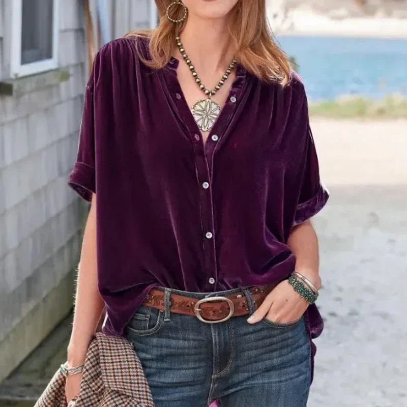 Solid Color O-Neck Short Sleeve Shirt Casual Loose Women Tops Office Lady New Fashion Velvet Blouse Summer Elegant Blusas 30480
Solid Color O-Neck Short Sleeve Shirt Casual Loose Women Tops Office Lady New Fashion Velvet Blouse Summer Elegant Blusas 30480