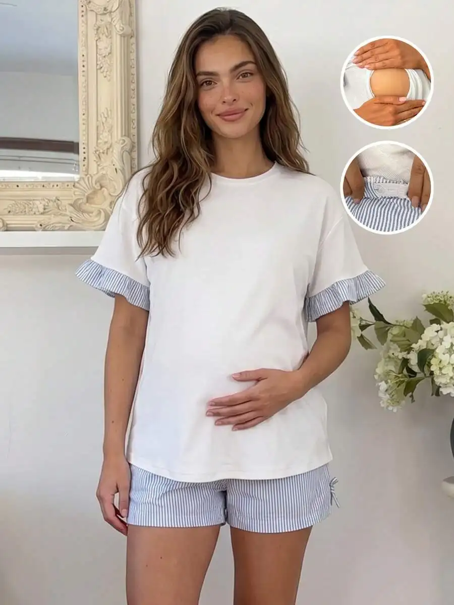 Maternity White Striped Ruffle Short Sleeve Nursing Top And Shorts Set Women Sleepwear Loungewear
Maternity White Striped Ruffle Short Sleeve Nursing Top And Shorts Set Women Sleepwear Loungewear