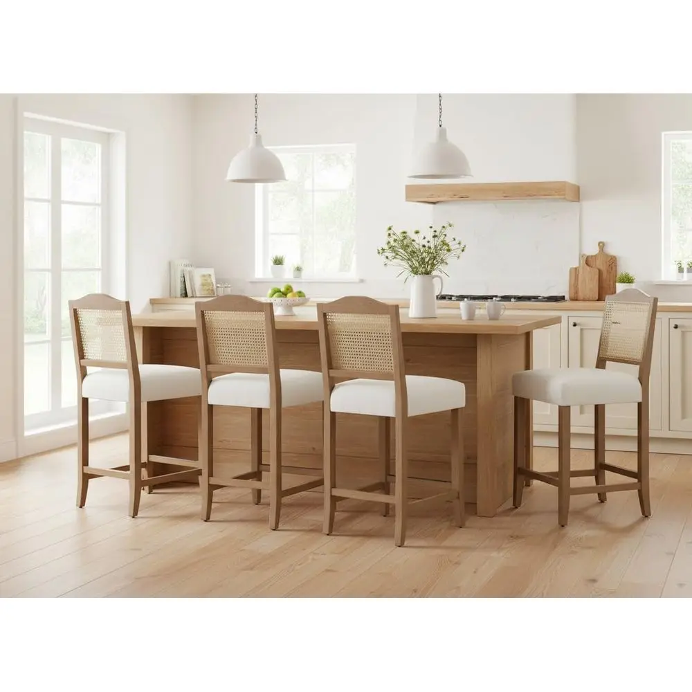 Set of 4 Linen Beige Cane Back Wooden Wicker Bar Stools, 26 Inch Counter Height Upholstered Kitchen Island Chairs for Home Bar/P
Set of 4 Linen Beige Cane Back Wooden Wicker Bar Stools, 26 Inch Counter Height Upholstered Kitchen Island Chairs for Home Bar/P