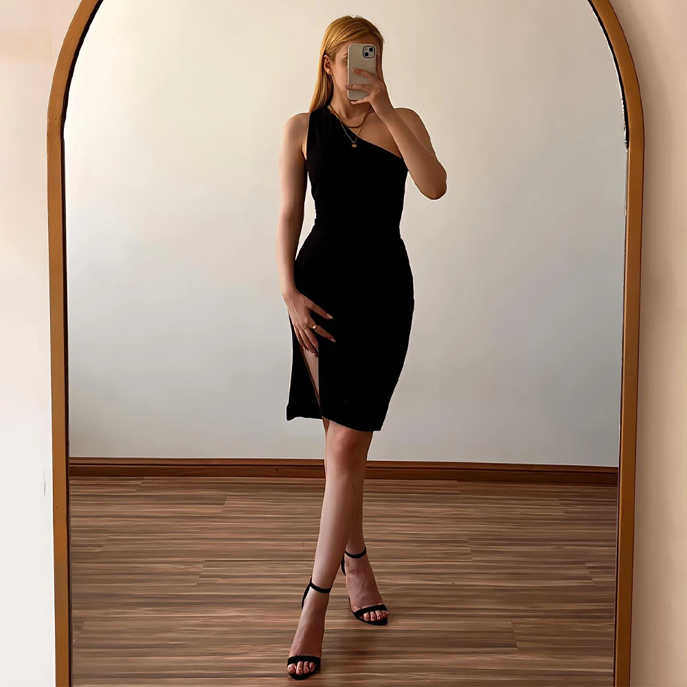 Black Spandex Birthday Party Dresses for Women One Shoulder Knee Length Party Gowns Column/Sheath Side Slit Sexy Cocktail Dress
Black Spandex Birthday Party Dresses for Women One Shoulder Knee Length Party Gowns Column/Sheath Side Slit Sexy Cocktail Dress
