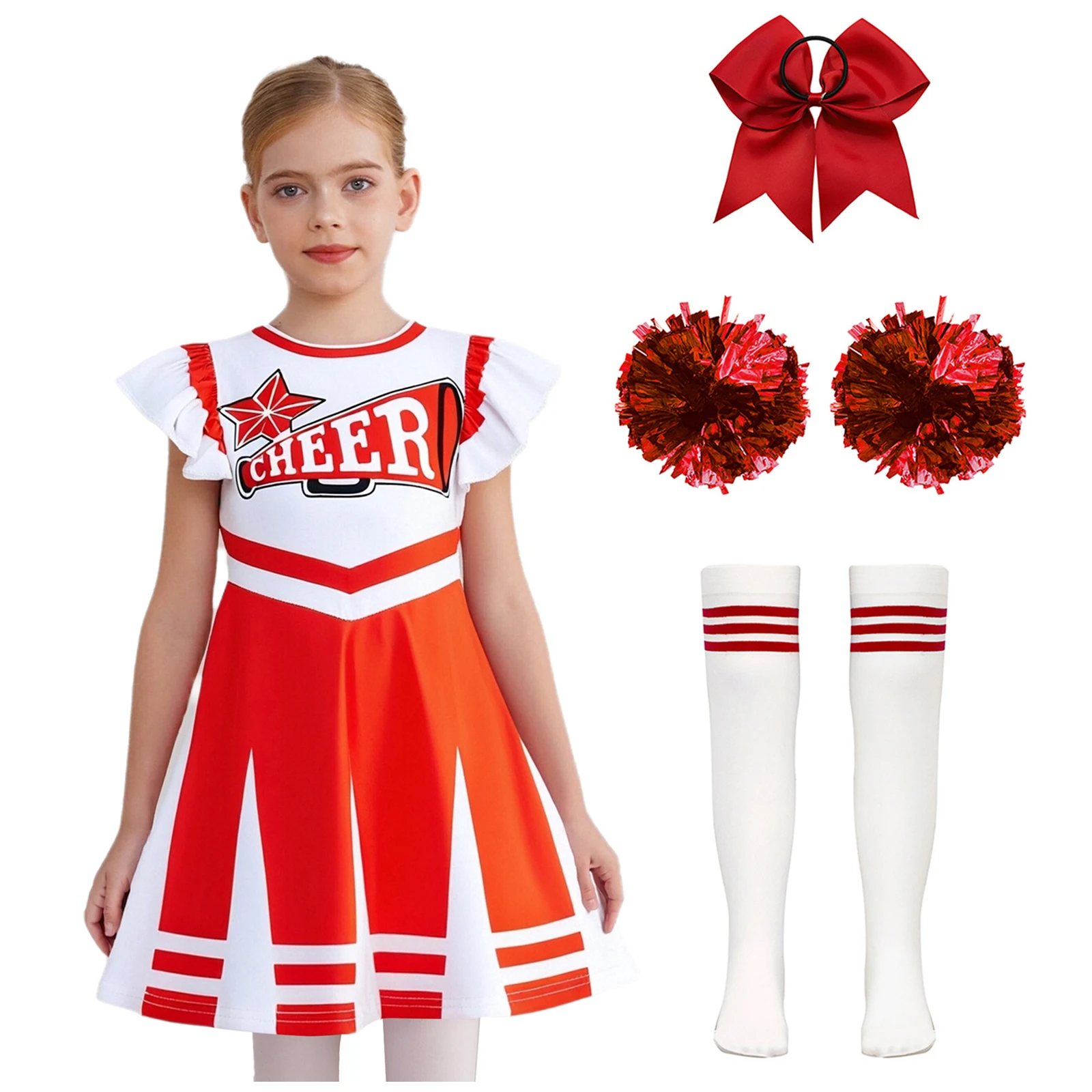 Kids Girls Cheer Leader Outfit Print A-Line Cheerleading Dress with Hair Tie Hand Flowers And Striped Knee High Tube Socks Set 
Kids Girls Cheer Leader Outfit Print A-Line Cheerleading Dress with Hair Tie Hand Flowers And Striped Knee High Tube Socks Set