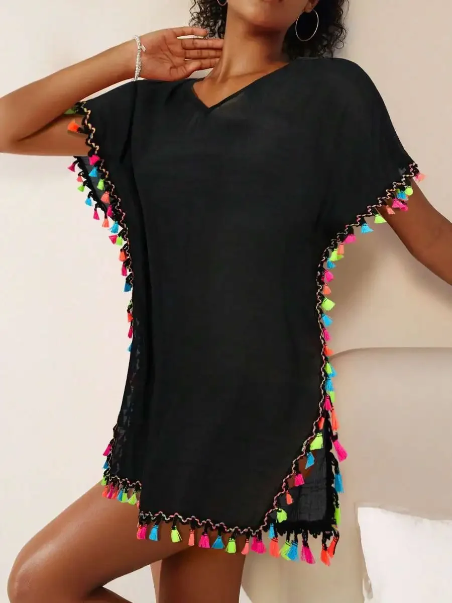 Womens V-Neck Loose Cover Up Dress With Colorful Tassels Trim Summer Beachwear
Womens V-Neck Loose Cover Up Dress With Colorful Tassels Trim Summer Beachwear