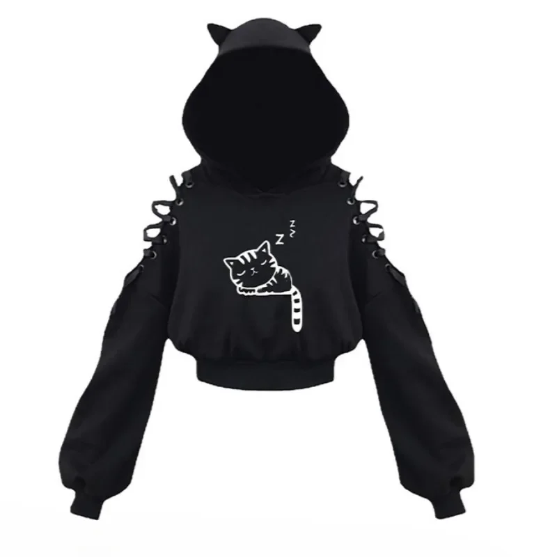 Women Punk Long Sleeve Hoodies Kawaii Cat Ears Hoodie Gothic Punk Harajuku Cold Shouler Bandage Gothic Black Sweatshirts
Women Punk Long Sleeve Hoodies Kawaii Cat Ears Hoodie Gothic Punk Harajuku Cold Shouler Bandage Gothic Black Sweatshirts