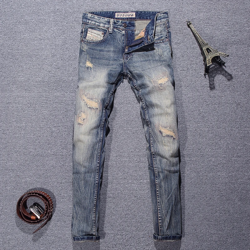 Street Fashion Men Jeans Retro Washed Blue Embroidery Patched Stretch Slim Fit Ripped Jeans Men Vintage Designer Denim Pants
Street Fashion Men Jeans Retro Washed Blue Embroidery Patched Stretch Slim Fit Ripped Jeans Men Vintage Designer Denim Pants