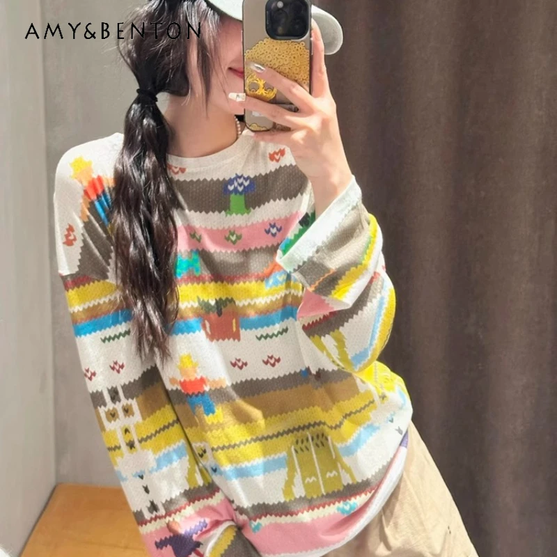 American Retro Women's Clothing Summer Color Fun Cartoon Striped Printing Long-sleeved Tees Loose Thin Versatile T-shirt Ladies
American Retro Women's Clothing Summer Color Fun Cartoon Striped Printing Long-sleeved Tees Loose Thin Versatile T-shirt Ladies