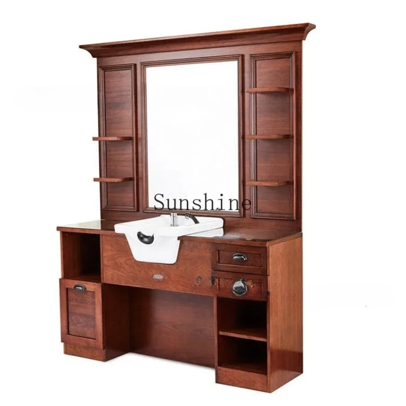 Hair salon special retro solid wood hair salon mirror table cabinet integrated with shampoo basin
Hair salon special retro solid wood hair salon mirror table cabinet integrated with shampoo basin