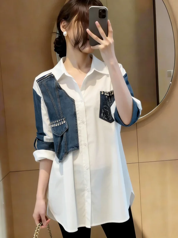 Design Sensation Denim Patchwork V-neck Shoulder-Length Shirt Women's Spring Summer New Style plus Size Midi Trendy Top
Design Sensation Denim Patchwork V-neck Shoulder-Length Shirt Women's Spring Summer New Style plus Size Midi Trendy Top