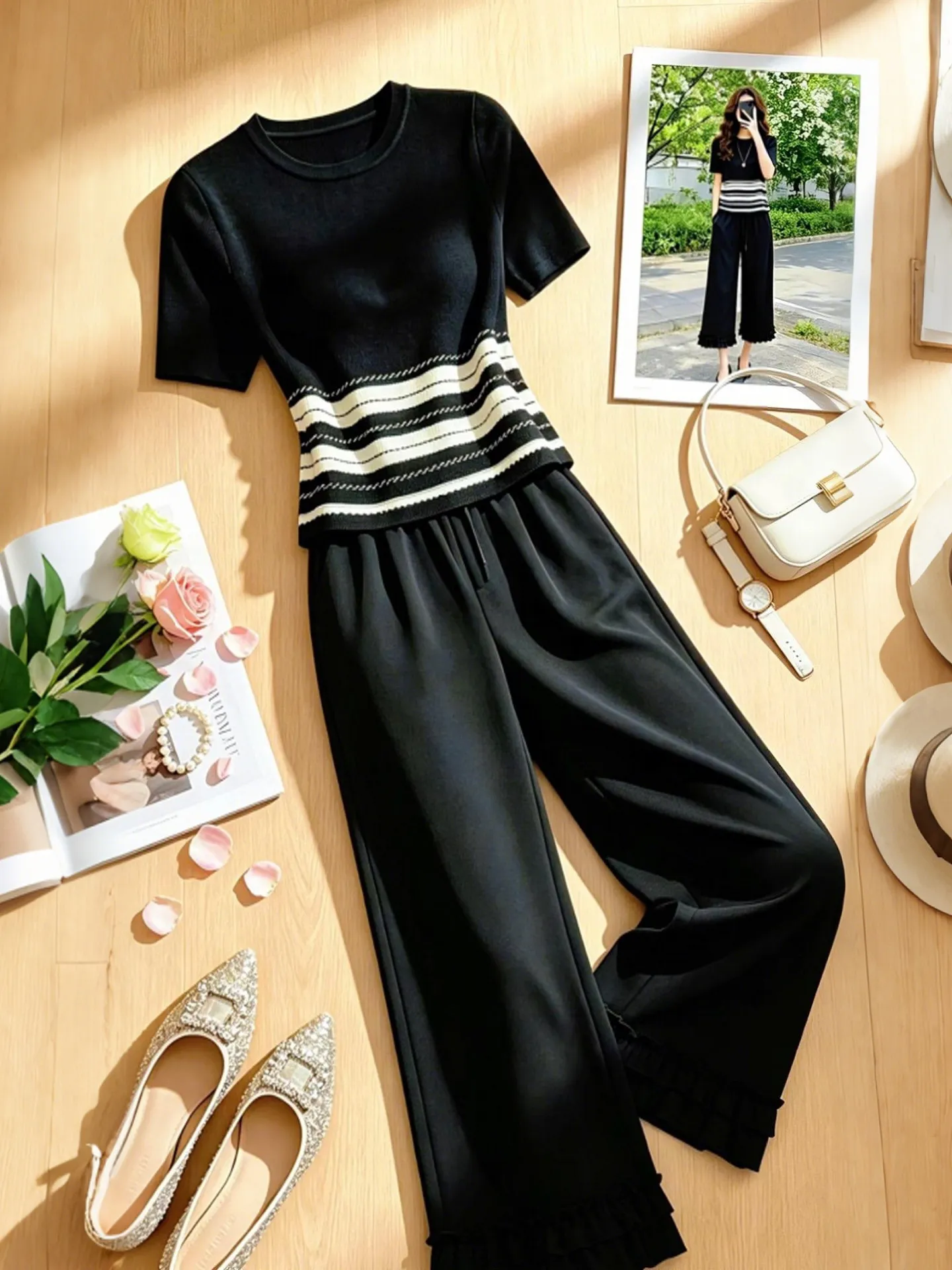 Summer Commute Stripe Short Sleeve Women's Set High Waist Wide Leg Pants Breathable Two Piece Suit Casual Fashion Ensemble
Summer Commute Stripe Short Sleeve Women's Set High Waist Wide Leg Pants Breathable Two Piece Suit Casual Fashion Ensemble