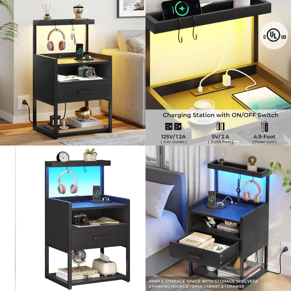 Black LED-lit Nightstand with Charging Station and Open Shelves for Bedroom or Office
Black LED-lit Nightstand with Charging Station and Open Shelves for Bedroom or Office