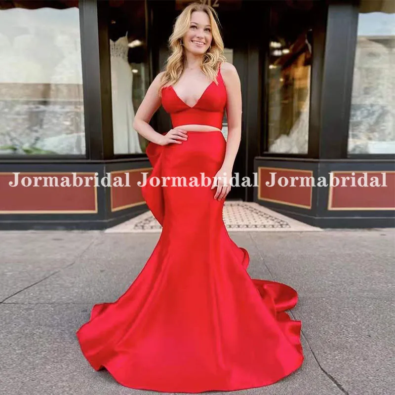 Two Pieces Red Prom Dresses Sexy Deep V-Neck Spaghetti Strap Mermaid Satin Evening Dress Ruffles Back Robe De Soirée Femme 2022
Two Pieces Red Prom Dresses Sexy Deep V-Neck Spaghetti Strap Mermaid Satin Evening Dress Ruffles Back Robe De Soirée Femme 2022