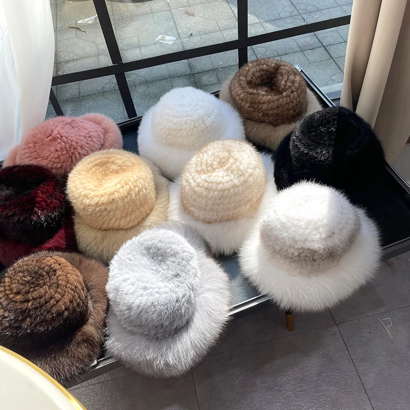 Real Mink Fur Hats Winter Warm Luxury Bucket Hat For Women's Knitted Natural Mink Beanies Cap With Genuine Fox Fur Brim Female
Real Mink Fur Hats Winter Warm Luxury Bucket Hat For Women's Knitted Natural Mink Beanies Cap With Genuine Fox Fur Brim Female